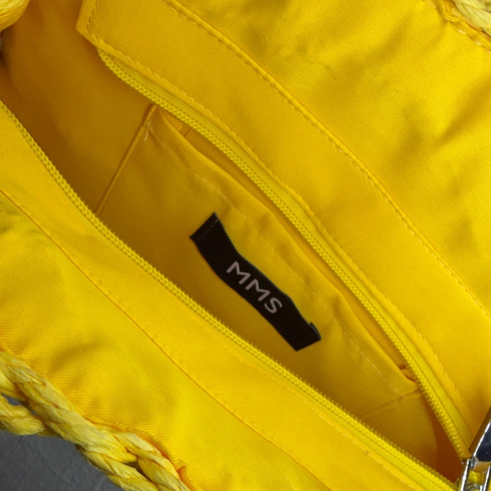 MMS Round Yellow straw Raffia Woven Handbag with zip closure and Top Handle - Picture 11 of 12